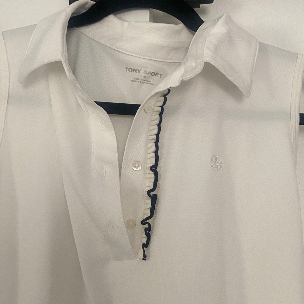 Tory Sport White Sleeveless Polo with Navy Ruffle Placket